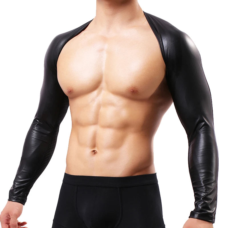 High Quality Men Long Sleeves Arm Shapers Tops Back Shoulder Faux Leather Tops For Men
