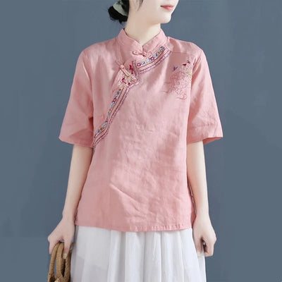 Women Chinese Style Linen Embroidery Blouse Mandarin | SAMAG