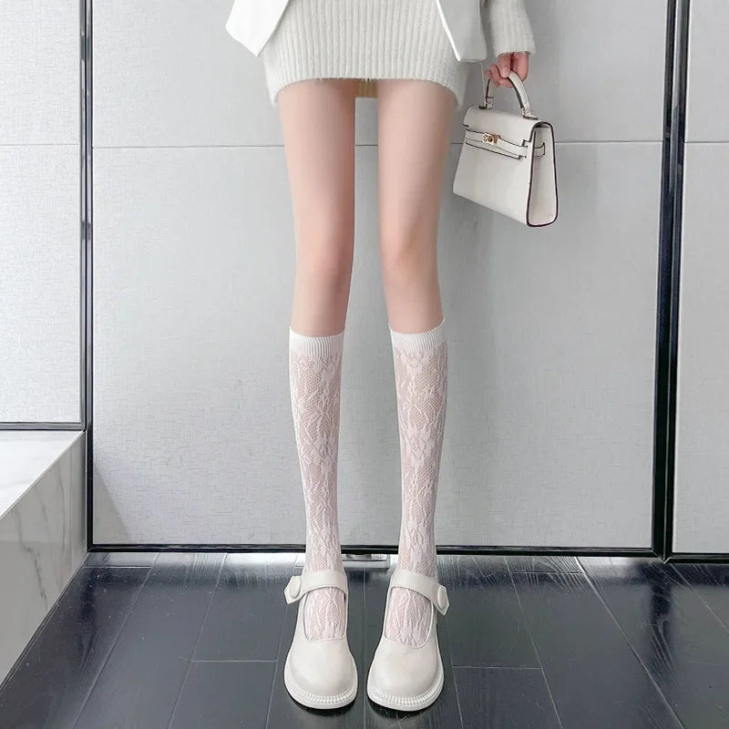 Lace Flower Print Long Socks Lingerie Sexy Floral Mesh High Knee Sock Women Summer Thin Transparent Lolita Kawaii Calf Stockings