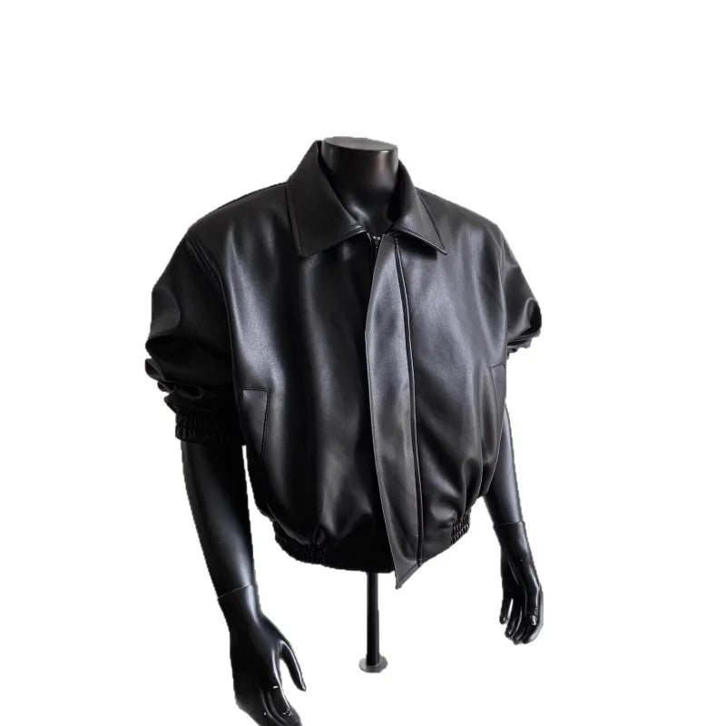 KIDWHXR Autumn Man Leather Jacket Streetwear Turn Down Collar Zipper Male Windproof Long Sleeve Loose Casual Men Outerwear