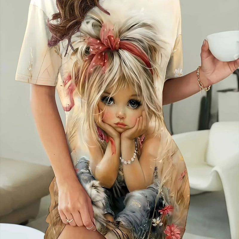 Cute Cartoon Printed Crew Neck Short Sleeve Night Dress | SAMAG