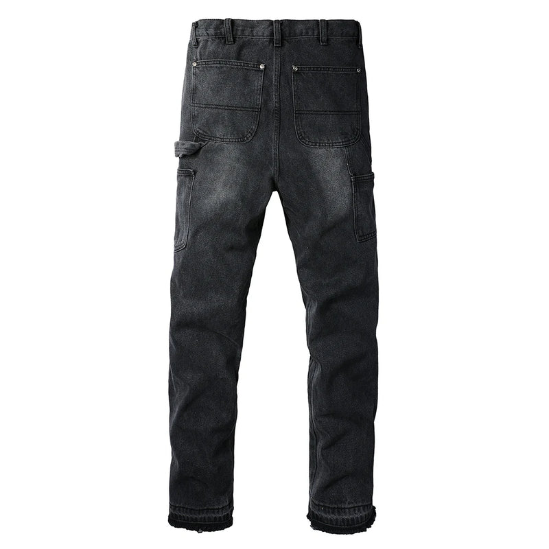 Men Patch Cargo Denim Jeans Streetwear Rivet Released Hem | SAMAG