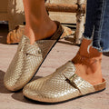 Fashion Gold Woven Buckle Clogs for Women 2026 Summer Closed Toe Cork Sole Mule Shoes Woman Non-slip Flat Heels Half Slippers