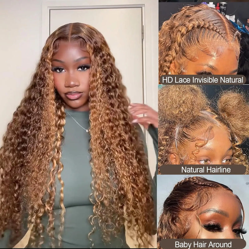 13x4 HD Lace Frontal Curly Wig Honey Blonde Highlight Vietnamese Human Hair Glueless Lace Front Wigs For Women