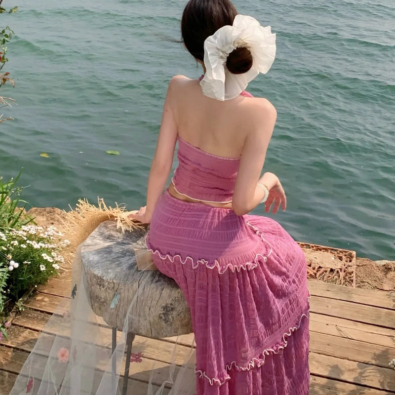 Sexy lace patchwork halter vest bikinis sets | SAMAG