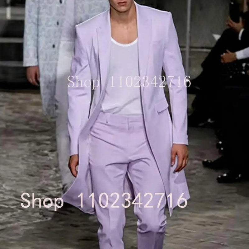 2025 New Summer Long Jacket Wedding Suits for Men White Trousers Groom Tuxedos Classic Lapel Man Blazer 2 Pieces Coat Pants Prom
