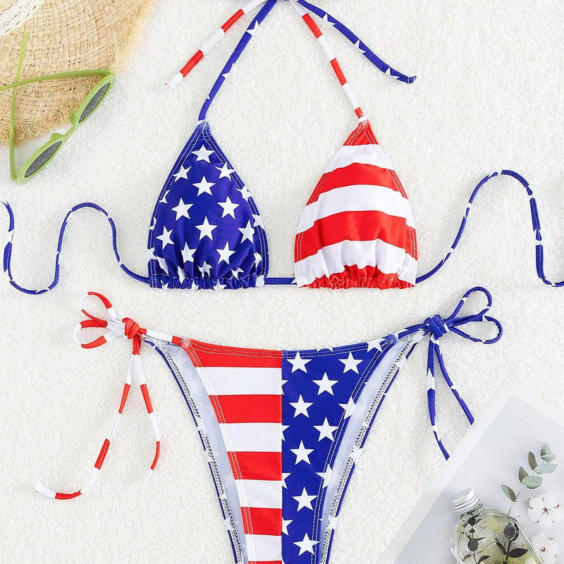 American Flag Print Micro Bikini Set Adjustable Patriotic | SAMAG