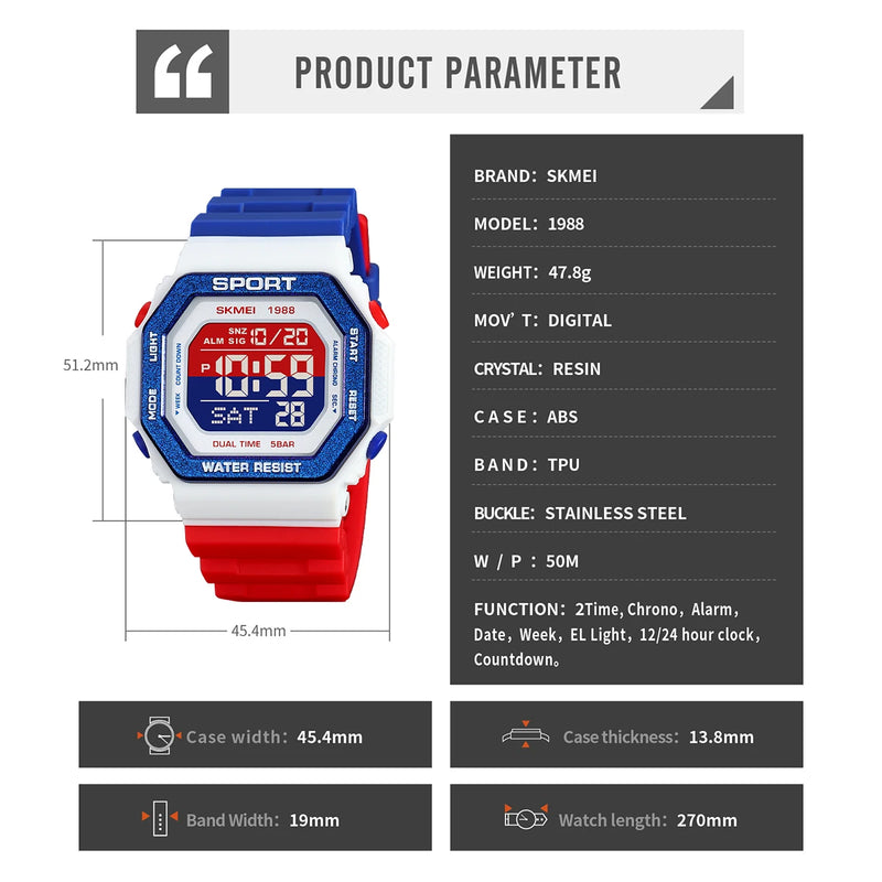 SKMEI Fashion Countdown Sports Digital Watches For Men Women 5Bar Waterproof Chrono Military Electronics Wristwatch Reloj Hombre