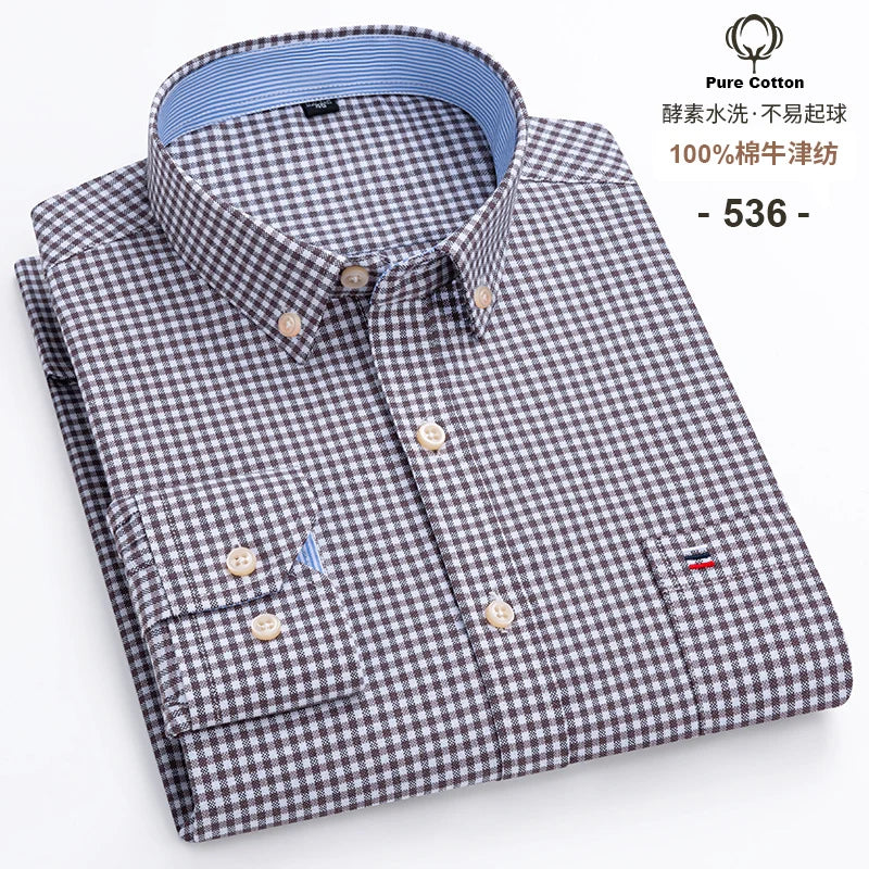 S~6XL Cotton Oxford Shirt For Men's Long Sleeve Plaid | SAMAG