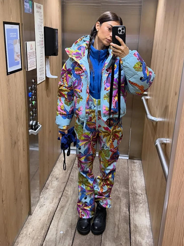 Fashion Printed Women's Ski Coat Jumpsuits Suit Hooded Zippers Thicken Lady Ski Suits 2026 Autumn Winter Chic Female Outfits