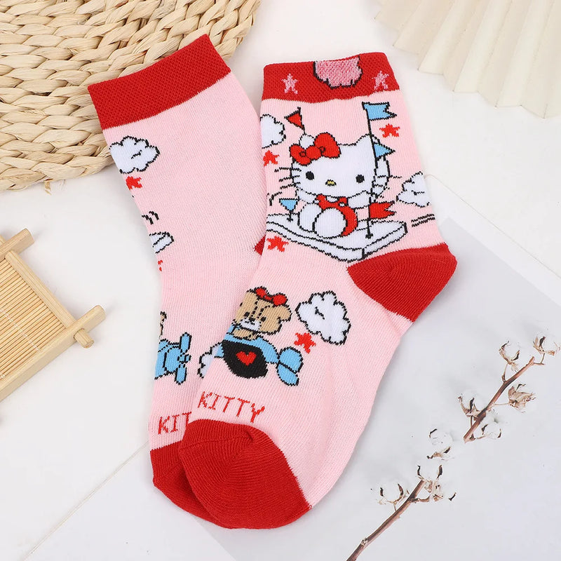 Sanrio 3 Pairs Four Seasons Women's Sweet And Cute Cartoon Hello Kitty Pattern Versatile Casual Sweat Absorbing Long Socks