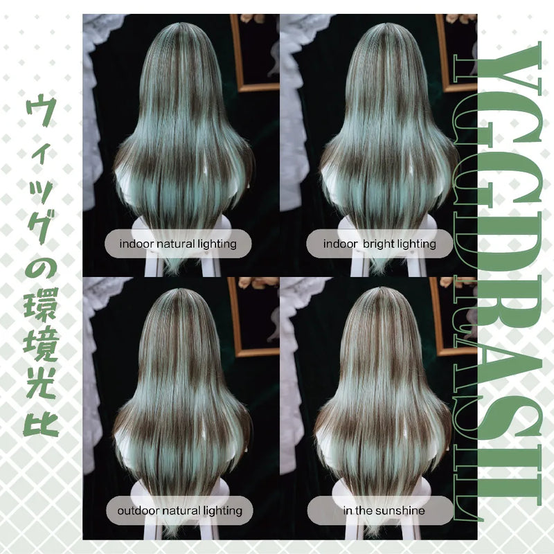 28Inch Lolita Style Mint Chocolate Synthetic Wigs with Bangs Long Natural Straight Hair Wig For Women Cosplay Heat Resistant
