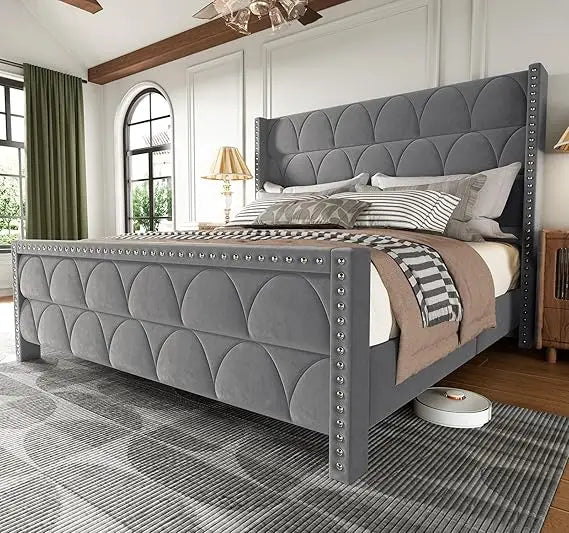 King Size Velvet Wingback Bed Frame with 56 Headboard and 1000lbs Capacity Support, Noiseless Platform Design