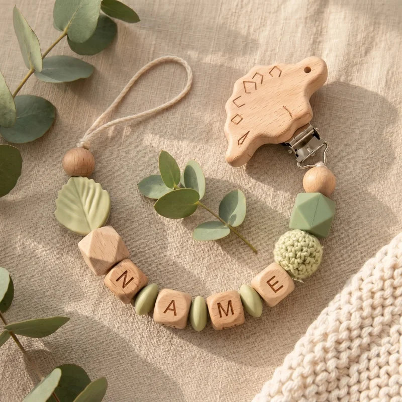 Personalized Name Pacifier Clip Silicone Wooden Dinosaur Baby Teether Holder BPA Free Custom Soother Chain Handmade Dummy Clip