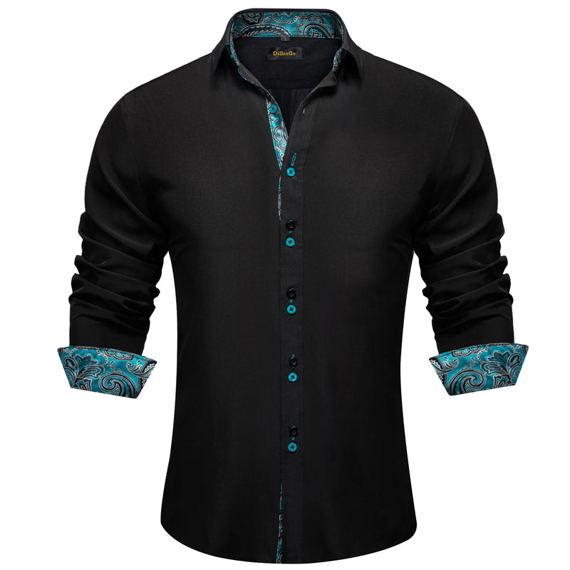 DiBanGu Men Shirt Long Sleeve Black Solid Red Paisley | SAMAG
