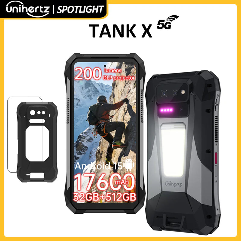 World premiere】Unihertz by 8849 TANK X Rugged Phone 5G Android 15 Built-in 1080P 220 lumen Projection 17600mah Battery 32+512GB