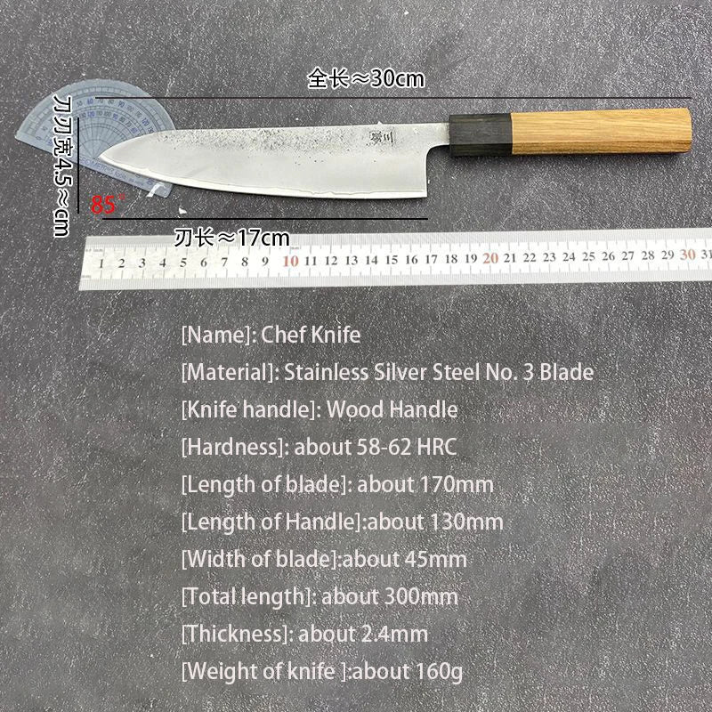 8.3 Inch Chef Knife Stainless Silver Steel No. 3 Blade Wood Handle Cleaver Meat Slicing Vegetables Japanese Kitchen Sharp Knife