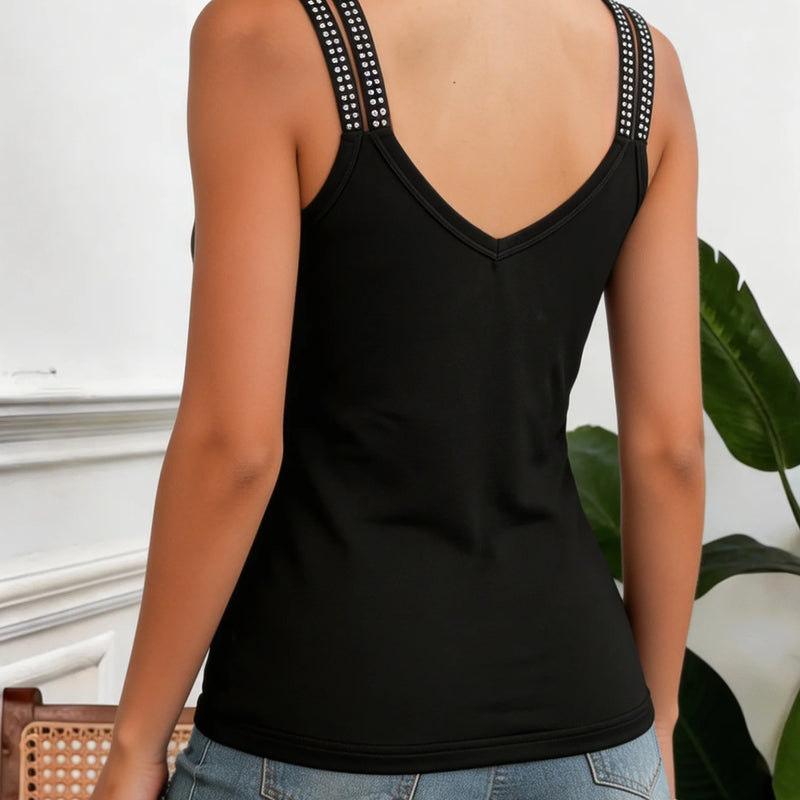 Women Cami Top Black Rhinestone V Neck Double Strap Sleeveless Top Fitted Sexy Tank Tops Spring Summer Party Night Club Outfit