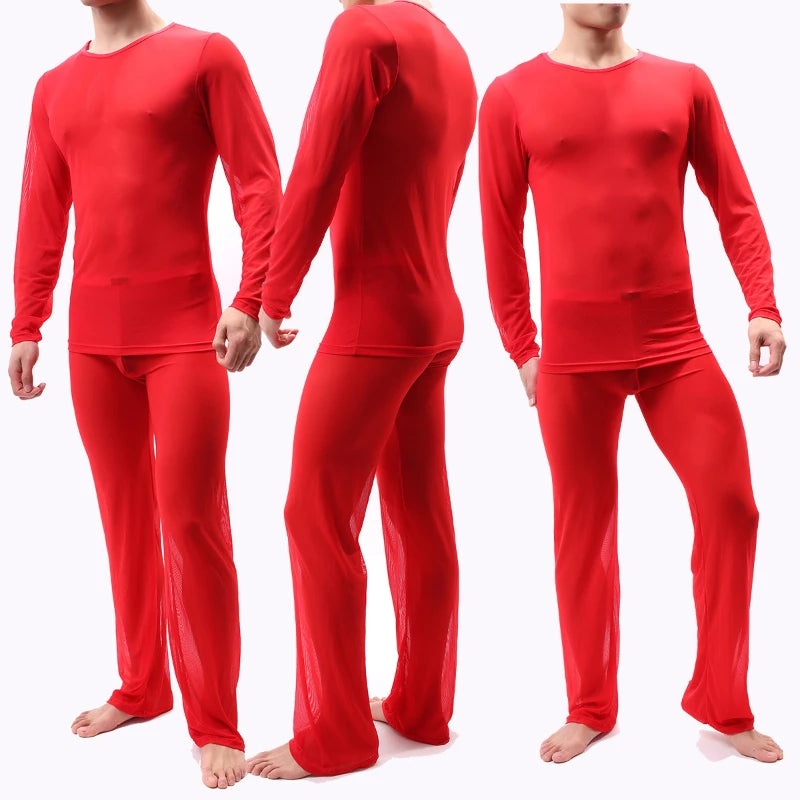 Sexy Transparent Thin Men's Pajamas Night Wear Suit Long Sleeve Shirt Pants Set