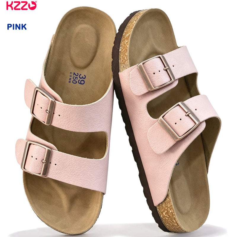 KZZO Waterproof Genuine Leather Mules for Women Non Slip Clog Shoes Outdoor Home Comfort Slip On Flat Double Adjustable Strap