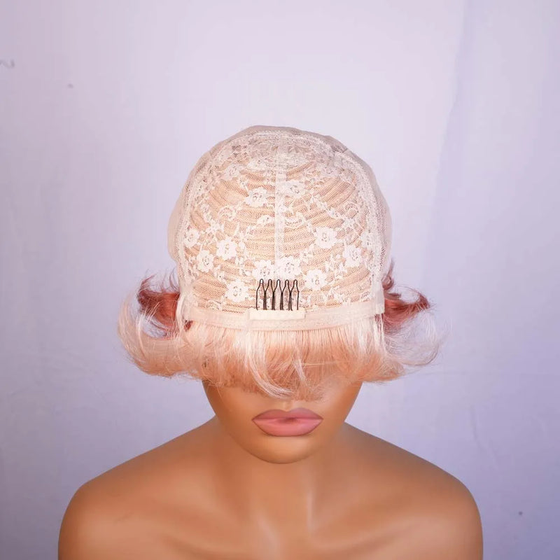 Pink Short Human Hair Wig Pixie Cut Wig with Bangs Remy Human Hair Machine Made Wigs for Black Women