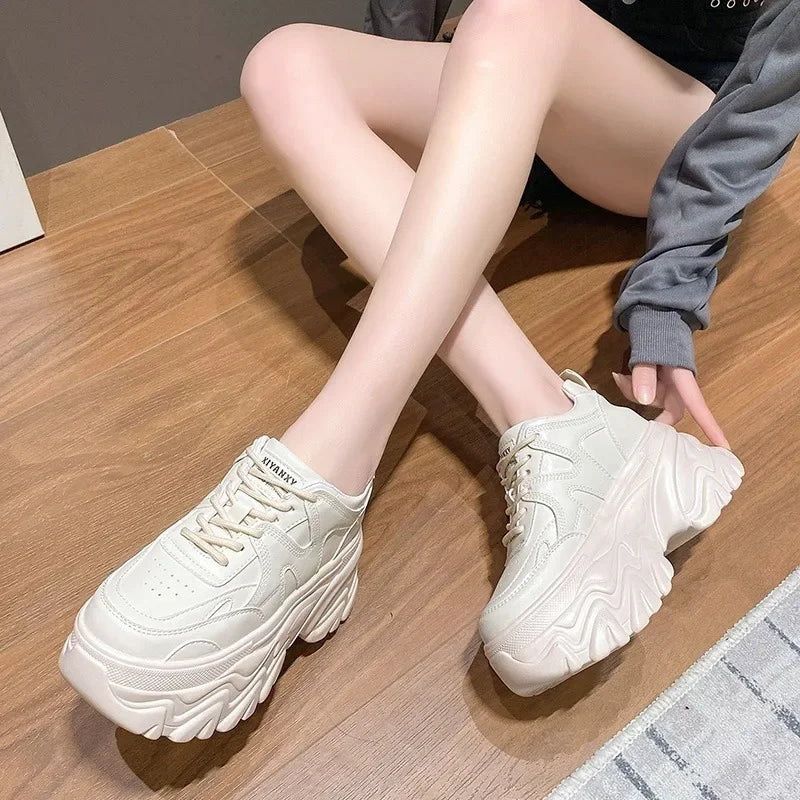 Women Platform Casual Thick leather Shoes 2024 New Spring Autumn Chunky Sneakers 8CM Wedges Hidden Heels Leisure Shoes Woman