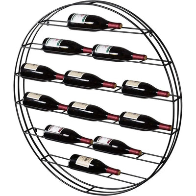 12 - Bottle Modern Black Metal Round Wall Mounted Wine Rack - 6 - Tier Horizontal Storage Shelf for Kitchen, Living | SAMAG