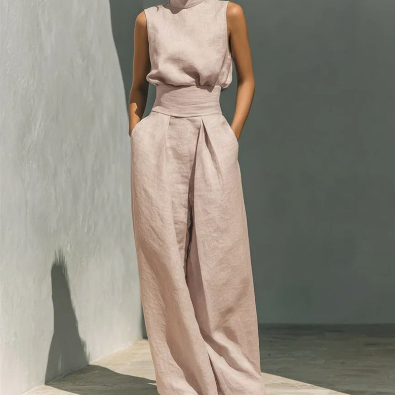 2026 Sleeveless Top+Wide Leg Pants Summer Casual Two-Piece Set Elegant And Loose Office Set High Street Pocket Women's Suits