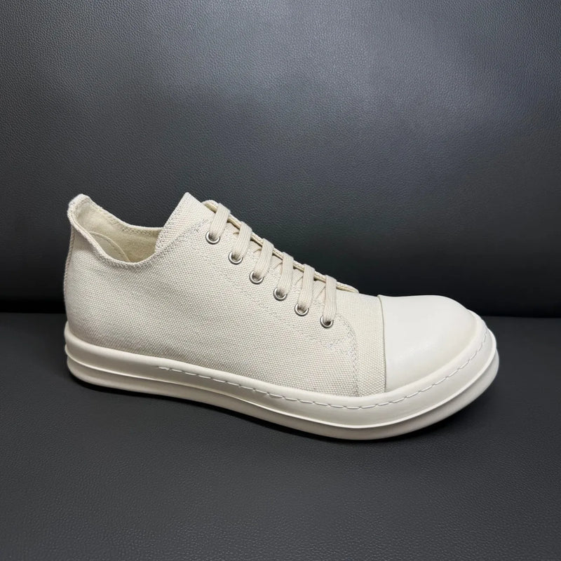 Classic Men's And Women's Low Top Casual Sneakers White Beige Canvas Thick Sole Lace-Up Luxury Flat Shoe