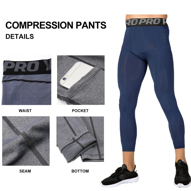 Mens 3/4 Compression Pants Basketball Running Tights Quick Dry Workout Leggings with Pockets Gym Sports Base Layer