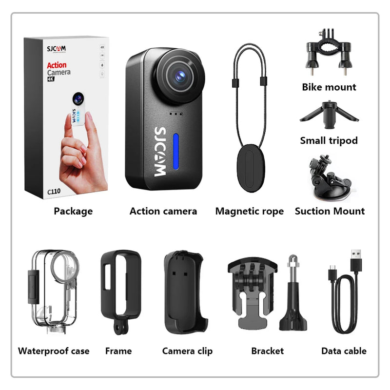 SJCAM C110 Thumb Camera 4K Waterproof 30m with Case EIS Action Camera for Vlogging Skiing Cycling Hiking Fishing Outdoor Sport