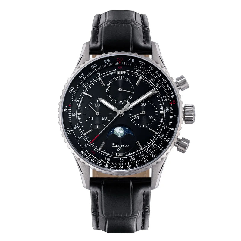 Sugess Chronograph Watch of Man ST1908 Swanneck Movement Mechanical Moonphase Wristwatches Waterproof Calendar Vintage New S468