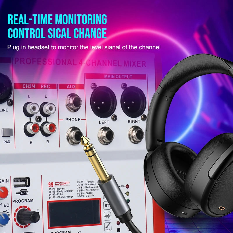 Professional 4 Channel Mixer with USB Audio Interface Bluetooth 48V Phantom Power for Live Performance Karaoke