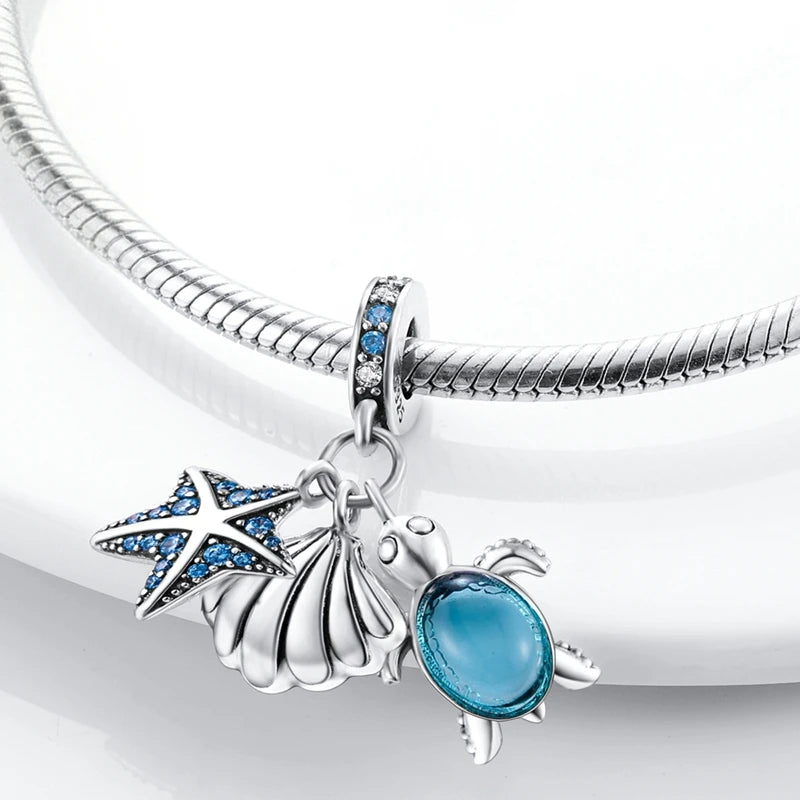 925 Sterling Silver Ocean Theme Charm Beads For Women Blue Wave Dolphin Seashell Compatible Summer Beach Vacation Jewelry