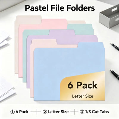 Mr. Pen - Pastel File Folders, 1/3 Cut Tab, 6 Pack, Letter | SAMAG