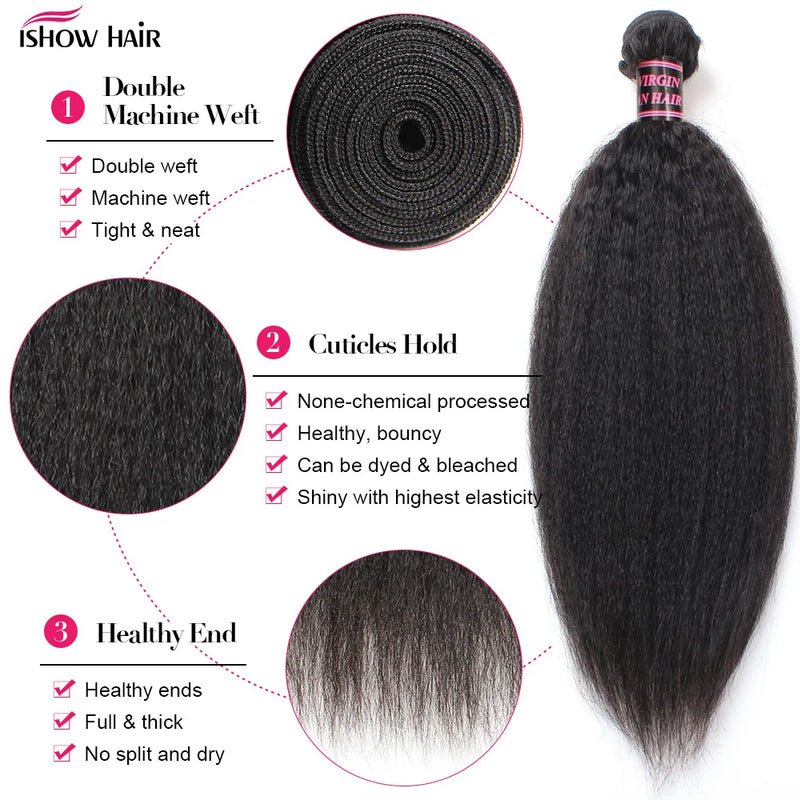Ishow Kinky Straight Bundles Brazilian Yaki Straight Hair Bundles For Women 1/3/4pcs Human Hair Bundles Remy Hair Extension