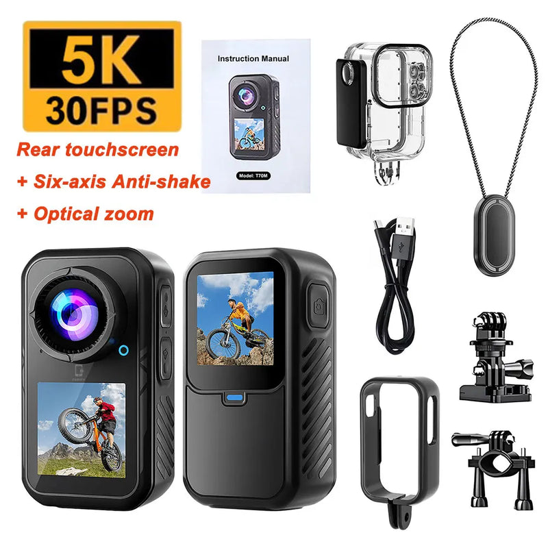5K Thumb Action Camera 4K 60FPS WiFi 6-Axis Stabilization Touch Screen Sports Camera Magnetic Motorcycle Bike Waterproof Bodycam