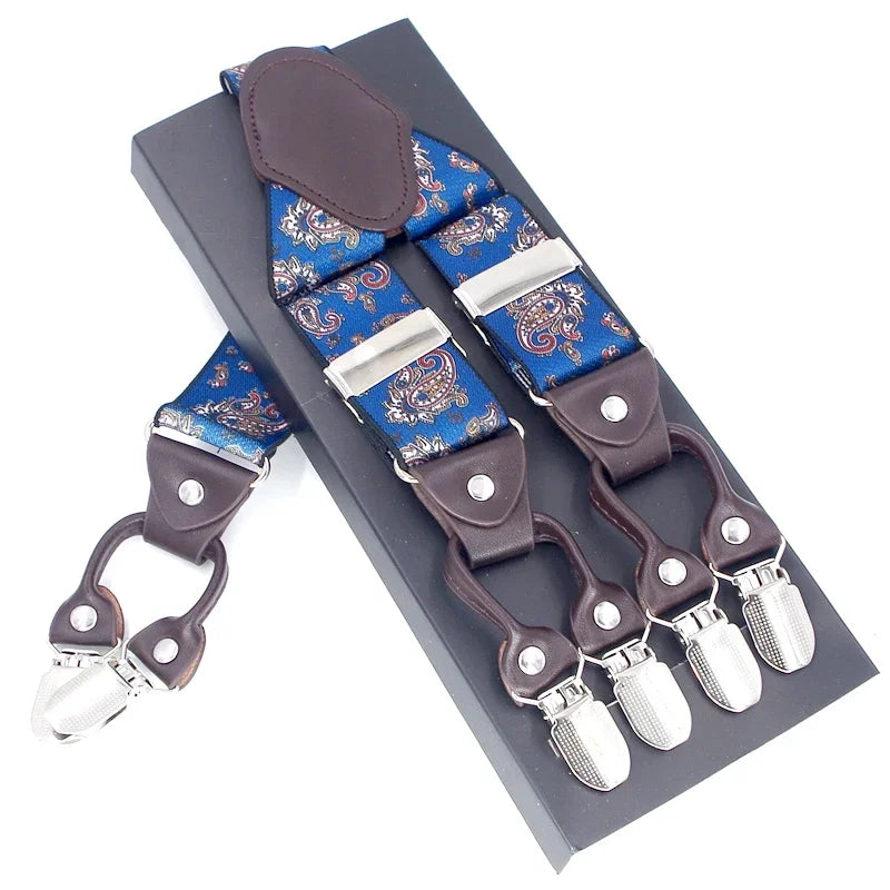 Men's Casual Fashion Leather Suspenders Adjustable High Quality Belt Strap Braces with 6 Clips