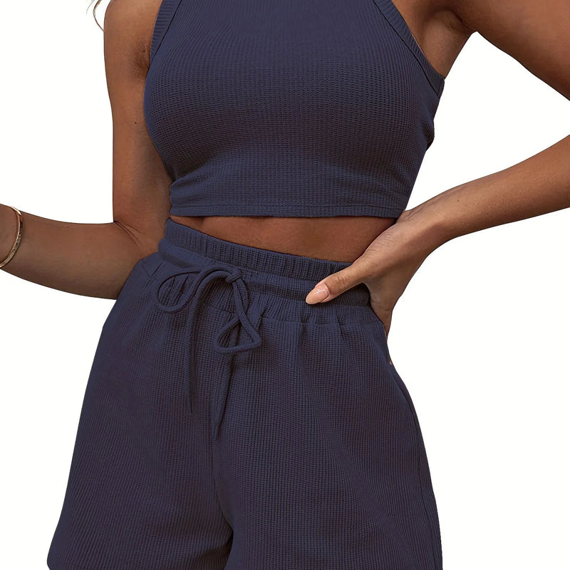 Hot Sells Women's Shorts 2-piece Set Waffle Short Vest Sports Running Elastic Waist Drawstring Summer Fashion Set for Female