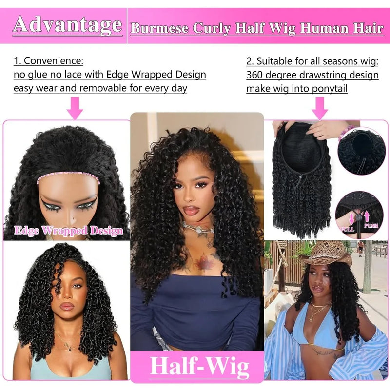 Burmese Curly 3 IN 1 Half Wigs Human Hair Wig Glueless Wigs Ready to Wear Half Wig Drawstring Clip Burmese Curly Hair Half Wig