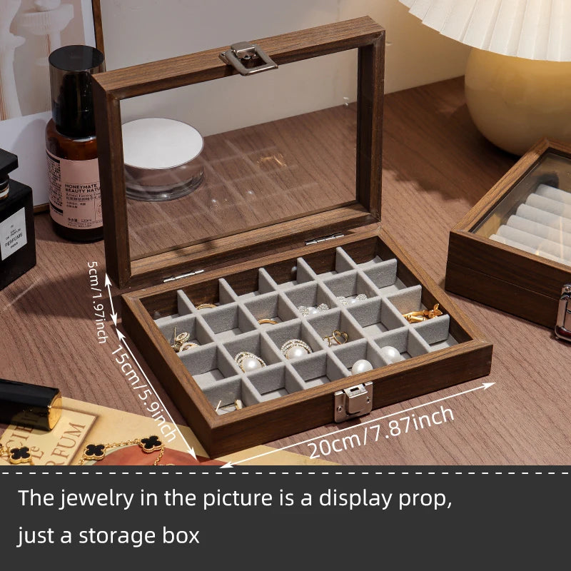Walnut wood color jewelry box; exquisite wooden ring box, earrings, studs, necklace, trinkets multi-compartment storage box