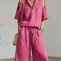 Women Fashion Zipper Stand Collar Hollow Short-sleeved Shirt Shorts 2-piece Set Summer Casual Loose Wide-leg Pocket Shorts Suit