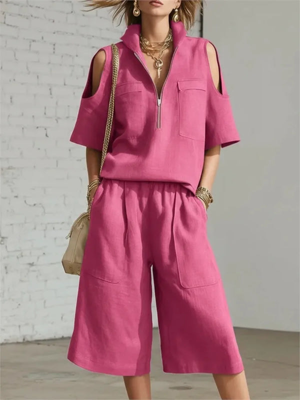Women Fashion Zipper Stand Collar Hollow Short-sleeved Shirt Shorts 2-piece Set Summer Casual Loose Wide-leg Pocket Shorts Suit