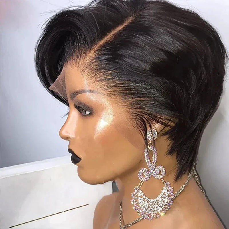 13x4 Lace Wig Side Part Pixie Cut Wigs 100% Virgin Hair Side Part Peruvian Straight Bob Wig Transparent Lace For Black Women
