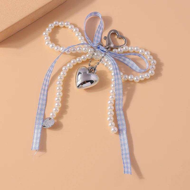 Pretty Handmade Pearl Bowknot Keychain for Women Girl Love Heart Key Ring Pendant Handbag Accessories DIY Jewelry Gift