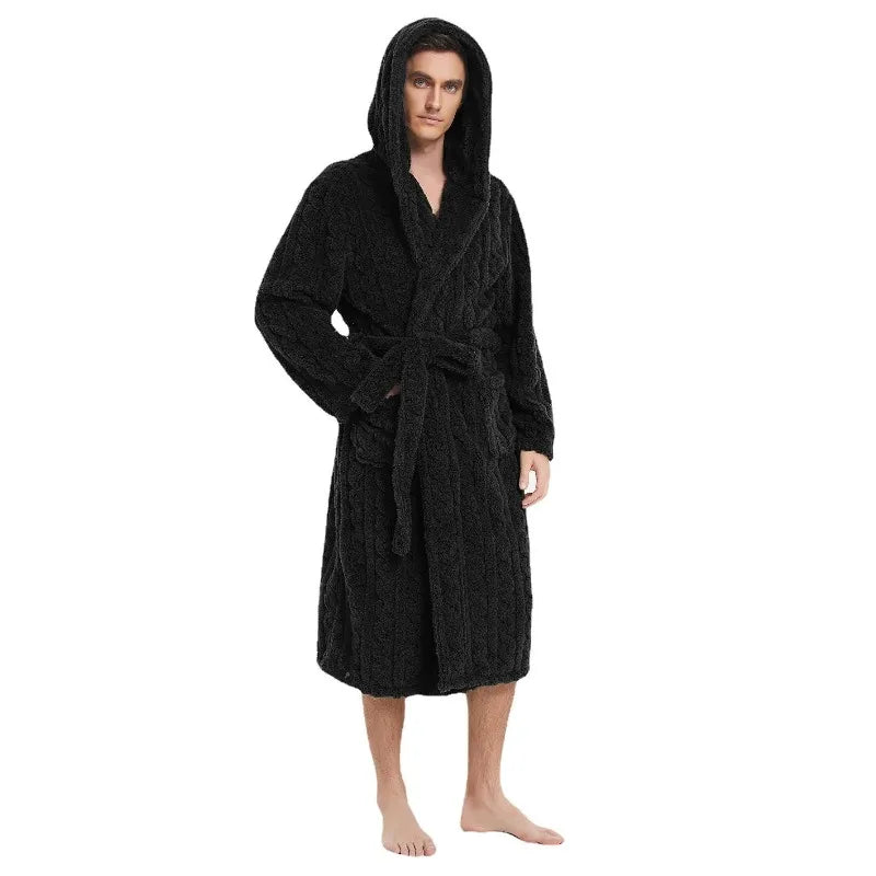The New Fall and Winter Men's Warm Robe Pajamas Couple Robe Shu Cotton Velvet Jacquard Hooded Thickened Couple Robe Homewear