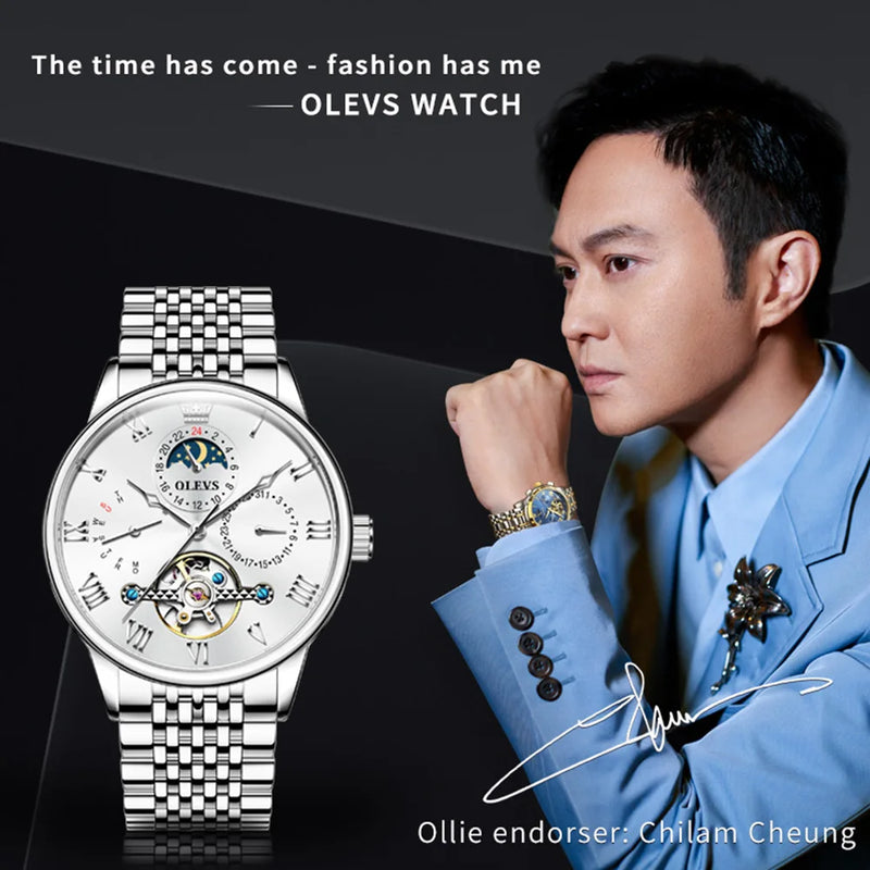 OLEVS 7009 Business Skeletonizing Mechanical Watch Gift Round-dial Genuine Watchband Wristwatch Week Display Calendar Men Watch
