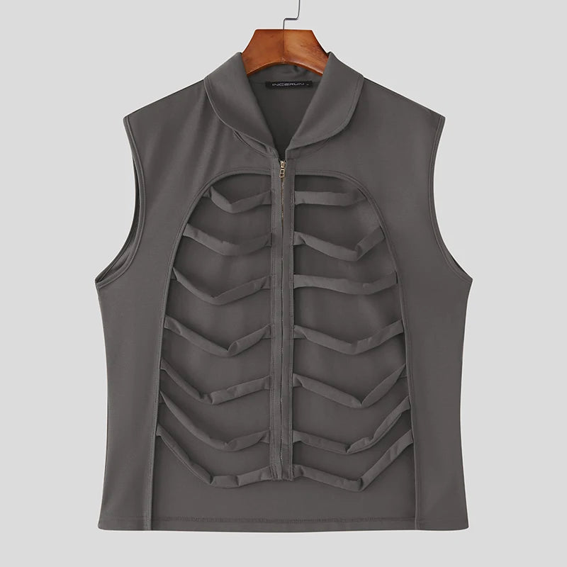 INCERUN Men Vests Solid Color Lapel Sleeveless Hollow Out Male Waistcoats Summer Streetwear Zipper Fashion Casual Vests S-3XL