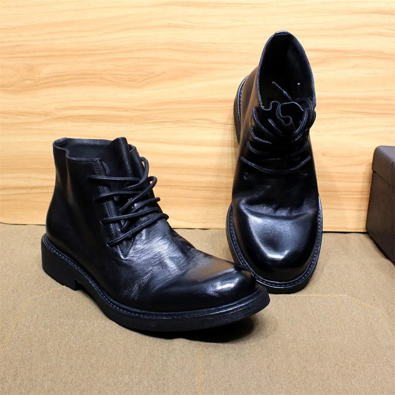 British Style Mens Ankle Boots Soft Calf Real Leather Handmade Motorcycle Boots Leather Sole Comfortable Lace Up Winter Footwear
