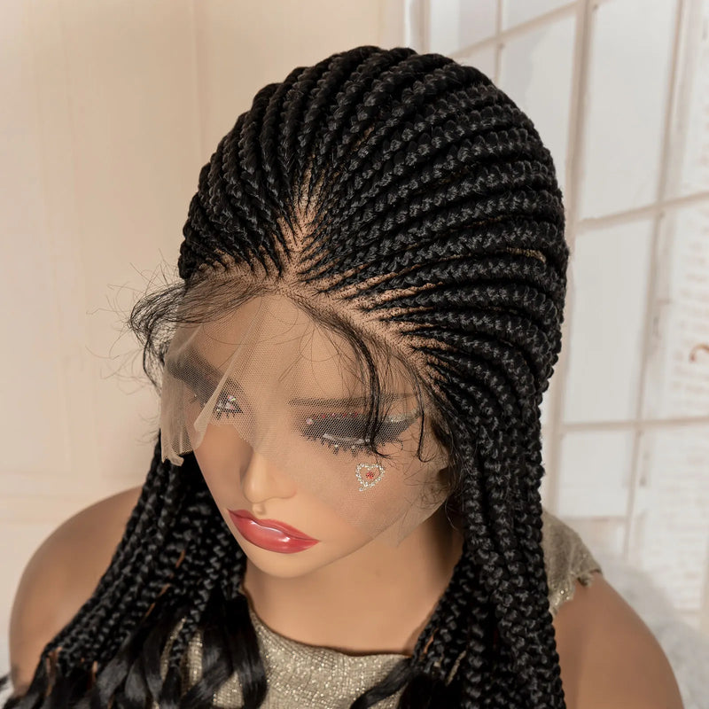 Full Lace Synthetic African Cornrow Braided Wigs for Black Women 18 Inches Lace Frontal Knotless Box Braiding Wigs with Wavy